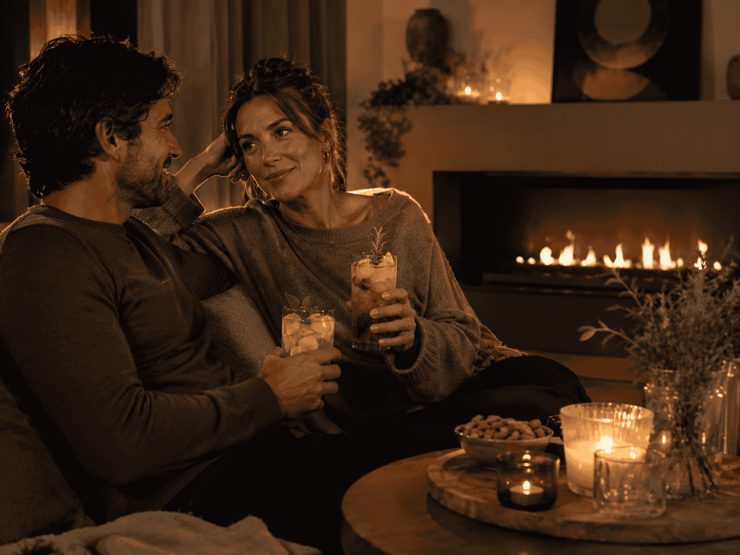 Escena nocturna con mocktails y chimenea