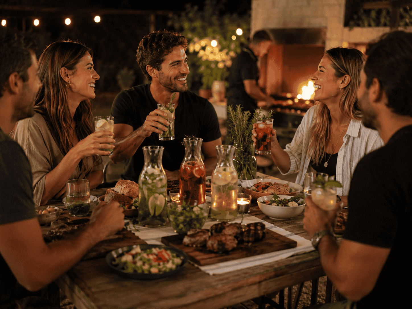 Escena social en parrilla con bebidas VS22